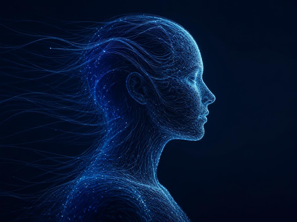 Abstract digital human replica formed from blue light lines